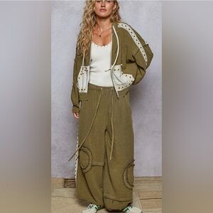 POL Hooded Olive Green Women's Gauze Trim & Studded Jacket & Jogger Set